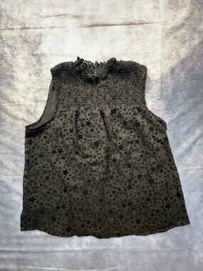 Loft Black Velvet Star Mock Neck Smocked Sleeveless Blouse Size Large